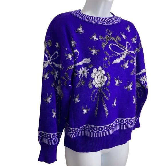 Vintage Billie Jo Purple Sweater Womens M L Roses Bows Fair Isle - Picture 2 of 6